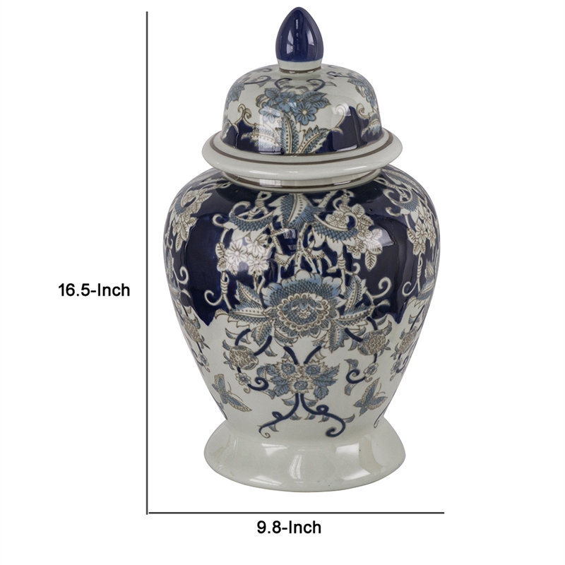 Rayn Ginger Jar with Lid- Blue White Chinoiserie Art- 17 Inch Porcelain