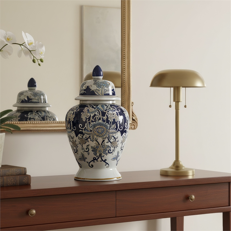 Rayn Ginger Jar with Lid- Blue White Chinoiserie Art- 17 Inch Porcelain