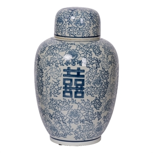 Decorative Ginger Jar with Lid- Blue and White Porcelain- 13 Inch
