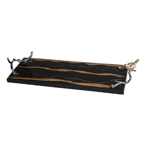 Vada Rectangular Tray- Silver Branch Handles w Bird- Brown Wood- 26 Inch