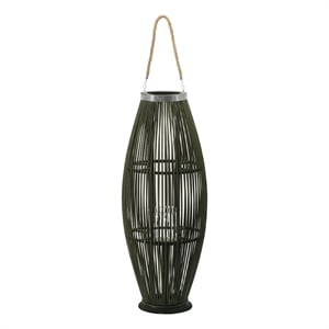 Prish Tall Lantern- Glass Insert- 33 Inch Green Bamboo Frame- Hemp Rope