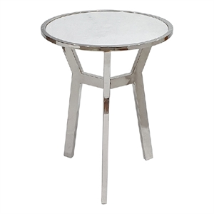 Side End Table- 18 Inch Round White Marble Top- Silver Steel X Base