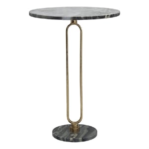 Side End Table- 16 Inch Round Marble Top- U-Shaped Gold Metal Stem- Black