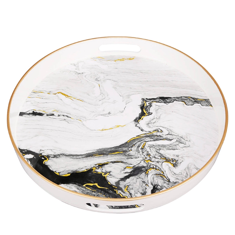 Qune 2pc Round Trays- Cutout Handles- Plastic Black and White Faux Marble