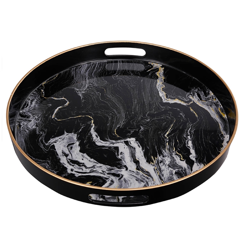 Qune 2pc Round Trays- Cutout Handles- Plastic Black and White Faux Marble