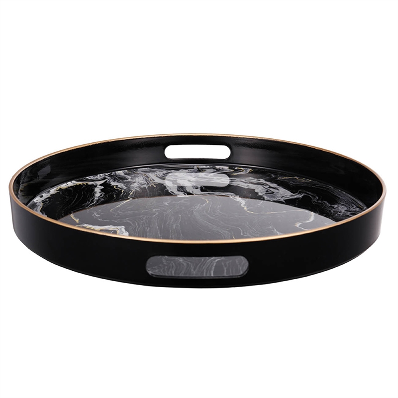 Qune 2pc Round Trays- Cutout Handles- Plastic Black and White Faux Marble