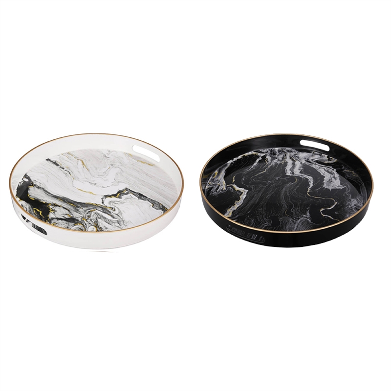 Qune 2pc Round Trays- Cutout Handles- Plastic Black and White Faux Marble