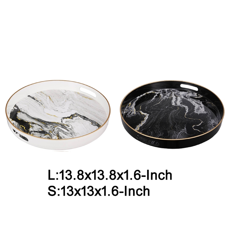Qune 2pc Round Trays- Cutout Handles- Plastic Black and White Faux Marble