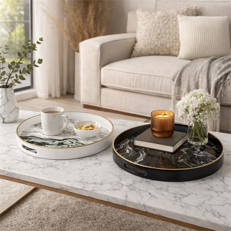 Qune 2pc Round Trays- Cutout Handles- Plastic Black and White Faux Marble