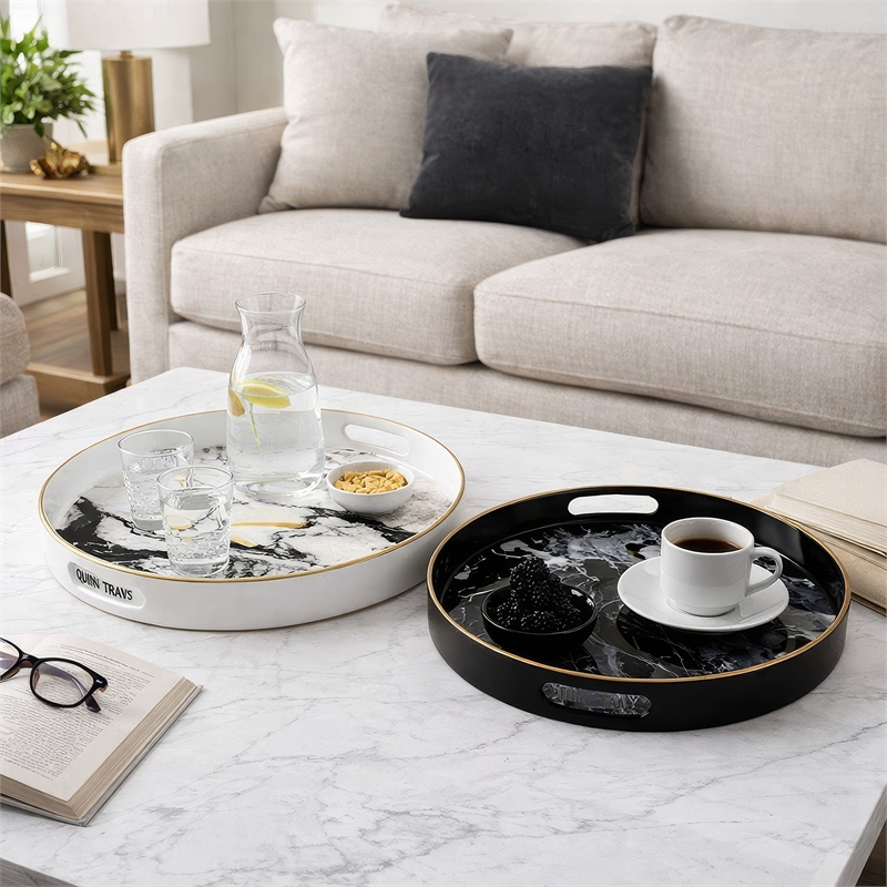 Qune 2pc Round Trays- Cutout Handles- Plastic Black and White Faux Marble