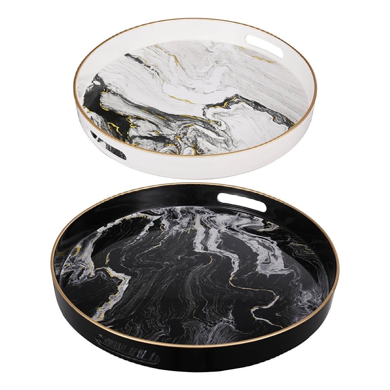 Qune 2pc Round Trays- Cutout Handles- Plastic Black and White Faux Marble