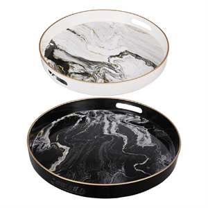 Qune 2pc Round Trays- Cutout Handles- Plastic Black and White Faux Marble