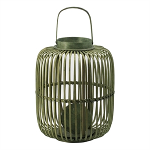 Green Bamboo Lantern with Glass Insert- Slatted Frame and Handle- 17 Inch