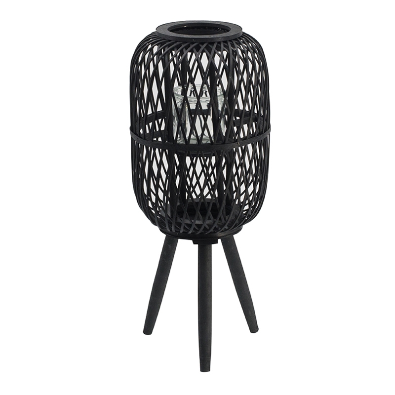 Lantern- Glass Insert with Black Bamboo Lattice Tripod Frame- 24 Inch