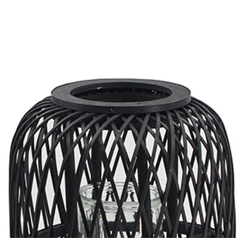Lantern- Glass Insert with Black Bamboo Lattice Tripod Frame- 24 Inch