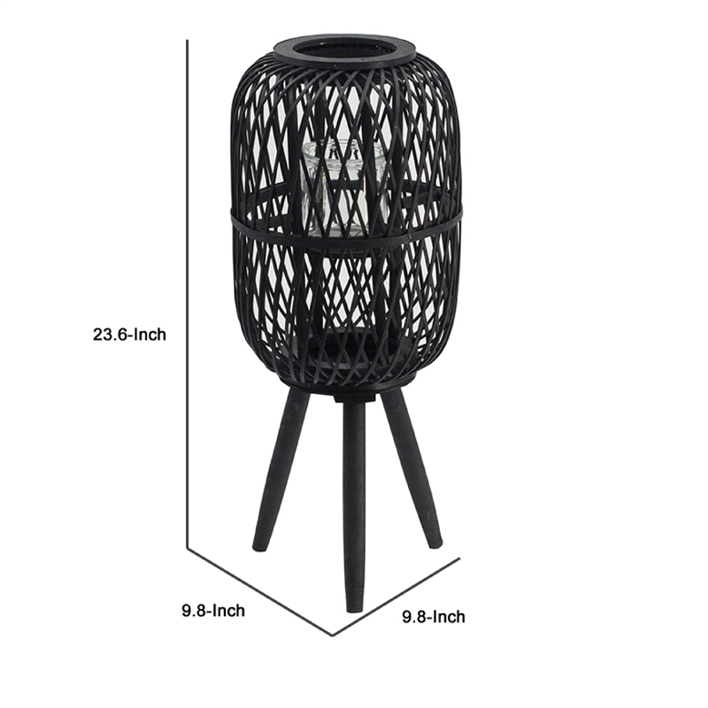 Lantern- Glass Insert with Black Bamboo Lattice Tripod Frame- 24 Inch