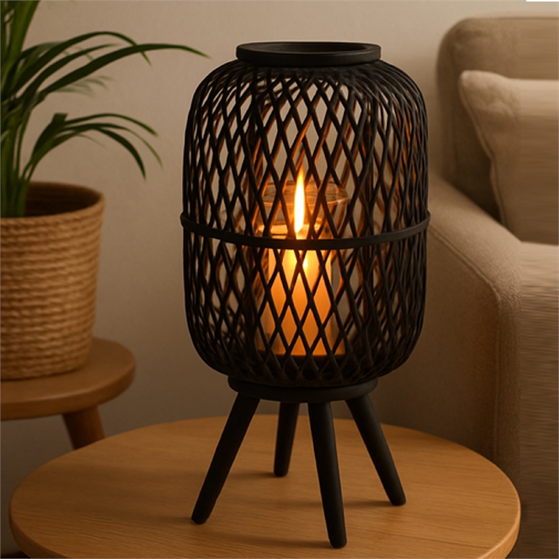 Lantern- Glass Insert with Black Bamboo Lattice Tripod Frame- 24 Inch
