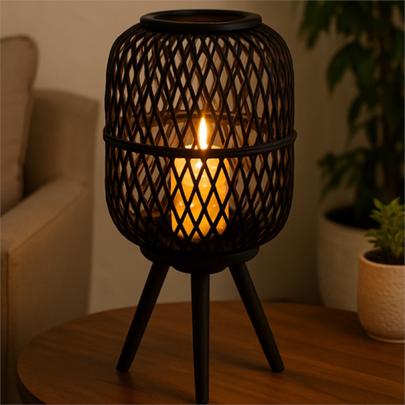 Lantern- Glass Insert with Black Bamboo Lattice Tripod Frame- 24 Inch