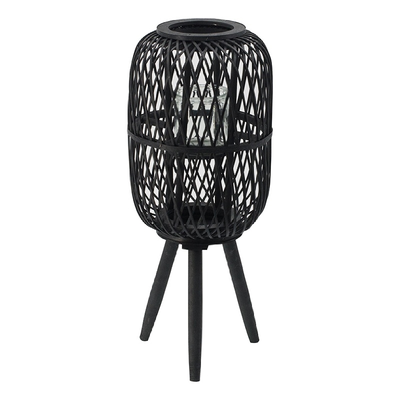 Lantern- Glass Insert with Black Bamboo Lattice Tripod Frame- 24 Inch