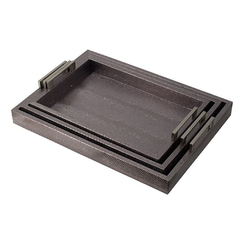 Rectangular Accent Nesting Tray Set of 3- Snake Print- Metal Handles- Black