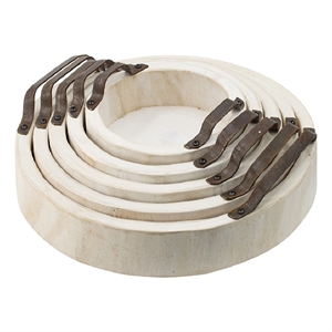Nive Round Nesting Tray Set of 5- Brown Handles- Whitewash Paulownia Wood