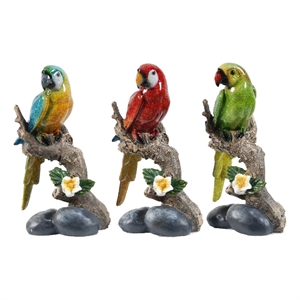 Tropical Bird Macaw Parrot on Branch Figurines- Green Red Blue - 3pc Set