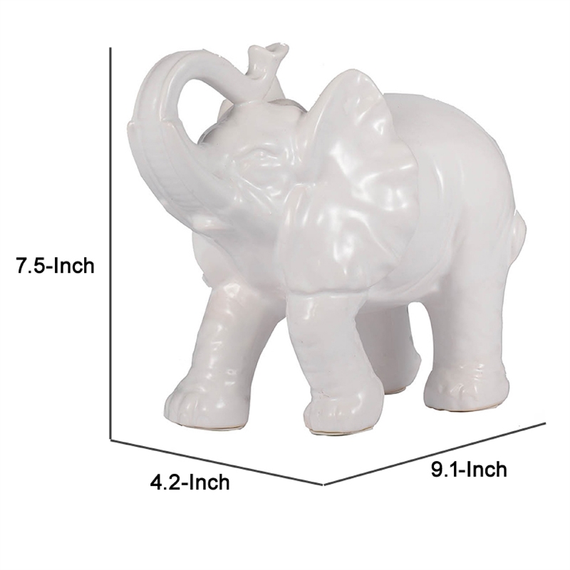 Decorative Figurine- 9 Inch Trumpeting Elephant- Glazed White Dolomite