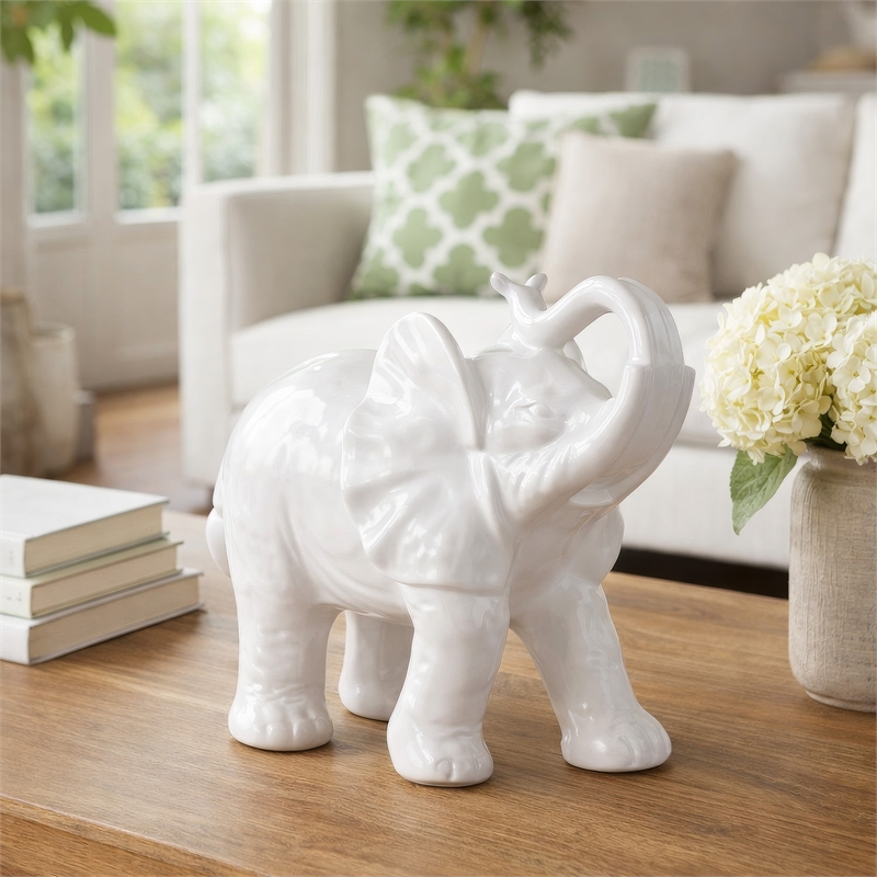 Decorative Figurine- 9 Inch Trumpeting Elephant- Glazed White Dolomite