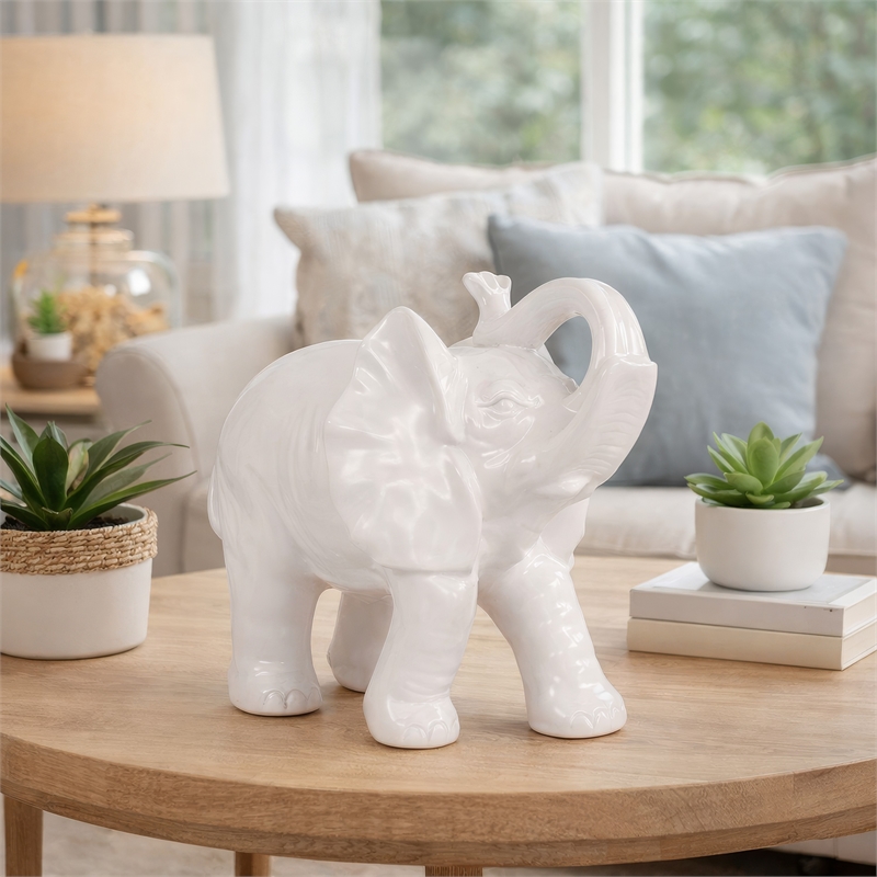 Decorative Figurine- 9 Inch Trumpeting Elephant- Glazed White Dolomite