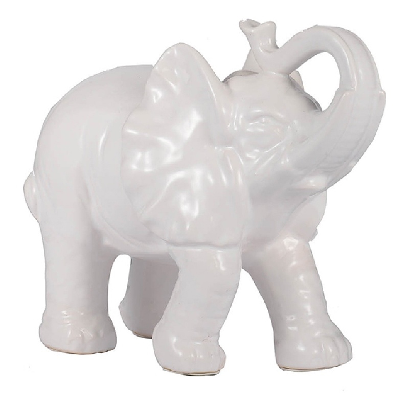 Decorative Figurine- 9 Inch Trumpeting Elephant- Glazed White Dolomite