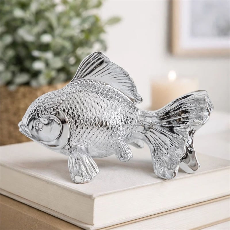 Decorative Fish Figurine- 10 Inch Silver Resin Tabletop Accessory