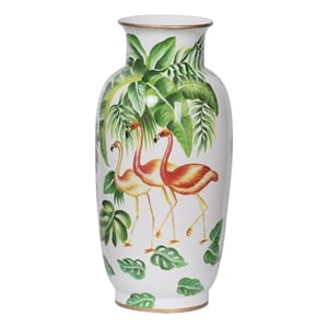 Jesu Decorative Botanical Flamingo Vase- White Green Porcelain- 16 Inch