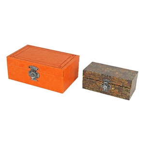 Storage Box Set of 2-  Heritage Motif Faux Leather- Orange Brown