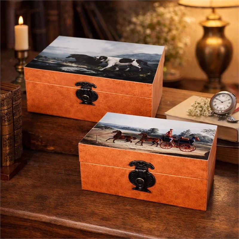 Storage Box Set of 2- Hunting Dogs and Horse Drawn Carriage Print- Brown