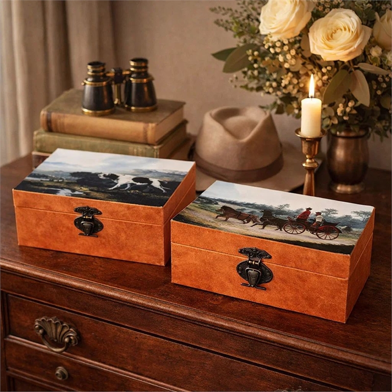 Storage Box Set of 2- Hunting Dogs and Horse Drawn Carriage Print- Brown