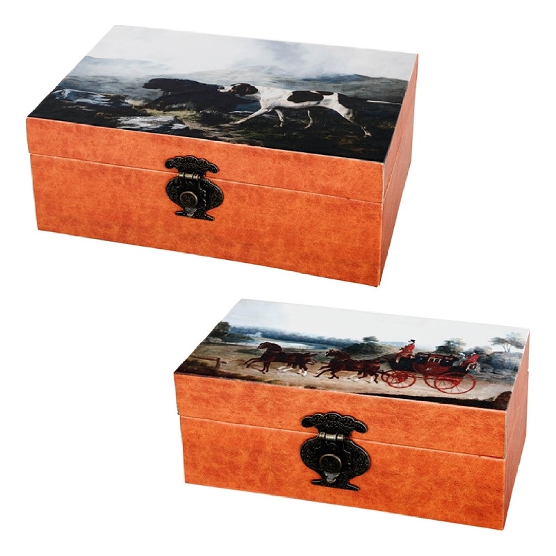 Storage Box Set of 2- Hunting Dogs and Horse Drawn Carriage Print- Brown