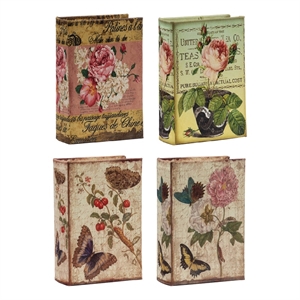 Meer Faux Book Storage Box Set of 4- Vintage Flowers Butterflies- Pink Silk
