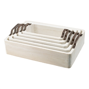 Nive Rectangular Nesting Tray Set of 5- Brown Handles- Whitewash Paulownia