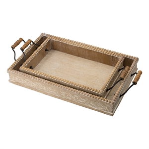 Rectangular Nesting Tray Set of 2- Beaded Edge- Whitewashed Brown Wood