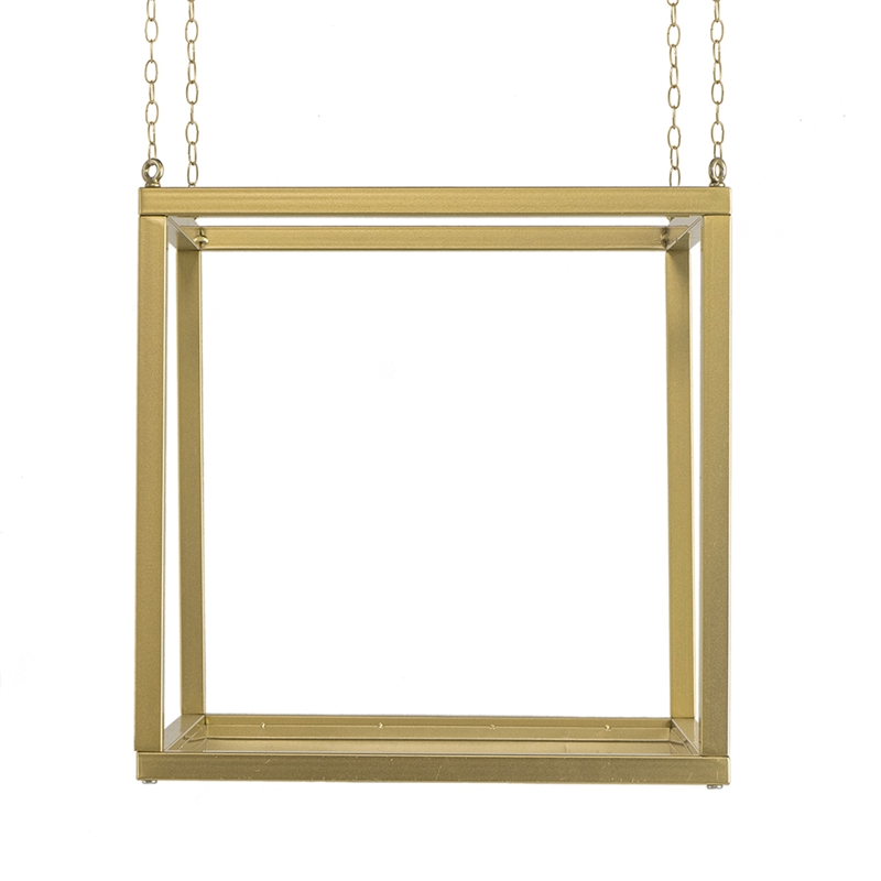 Hanging Open Plant Shelf with Chain- 20 Inch Square Gold Iron Frame