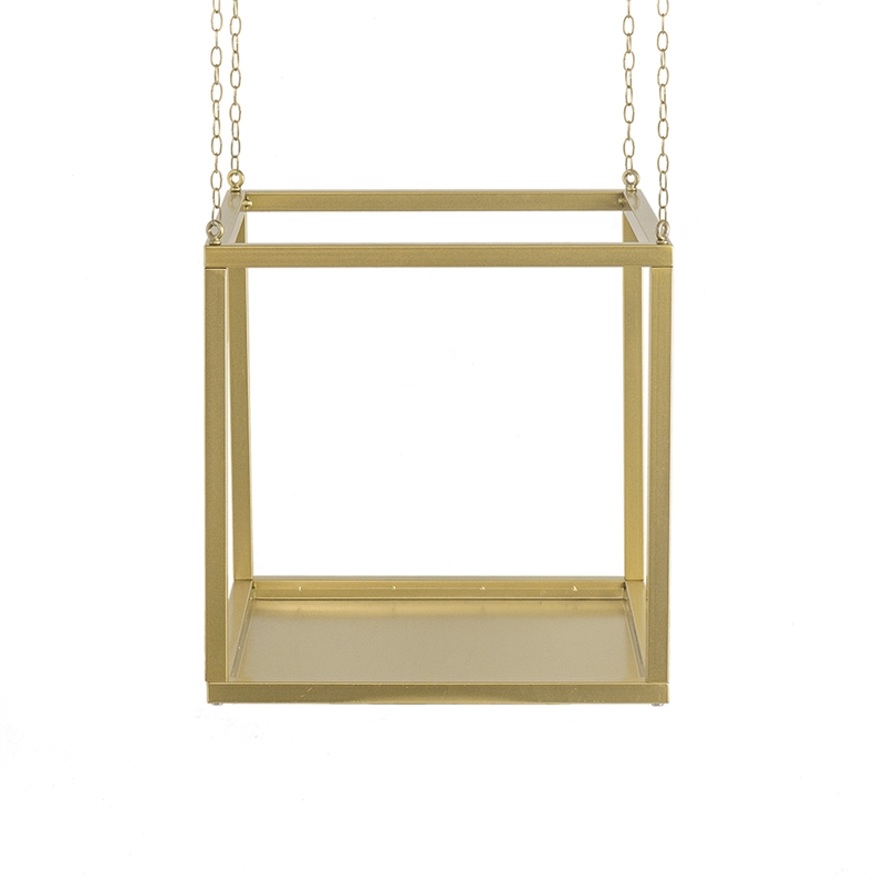 Hanging Open Plant Shelf with Chain- 20 Inch Square Gold Iron Frame