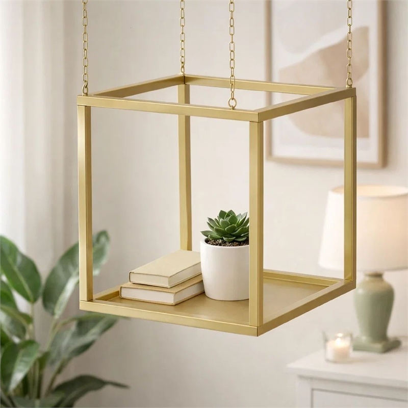 Hanging Open Plant Shelf with Chain- 20 Inch Square Gold Iron Frame