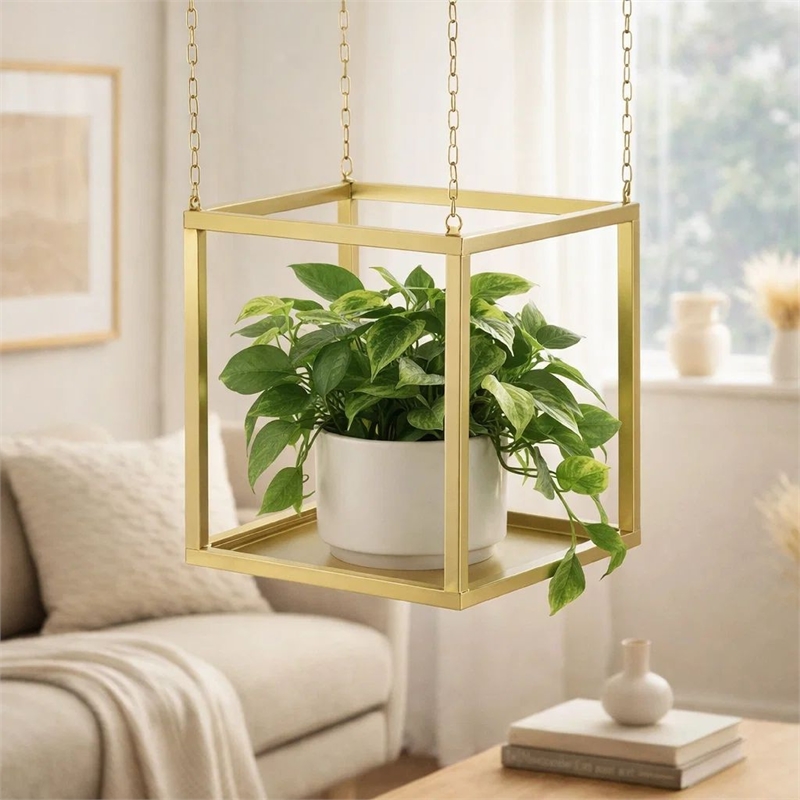 Hanging Open Plant Shelf with Chain- 20 Inch Square Gold Iron Frame