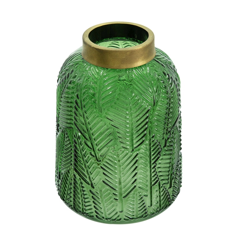 Dsy Floral Vase with Gold Rim- Embossed Fern Leaf- Green Glass 8 Inch