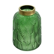 Dsy Floral Vase with Gold Rim- Embossed Fern Leaf- Green Glass 8 Inch