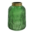 Dsy Floral Vase with Gold Rim- Embossed Fern Leaf- Green Glass 8 Inch