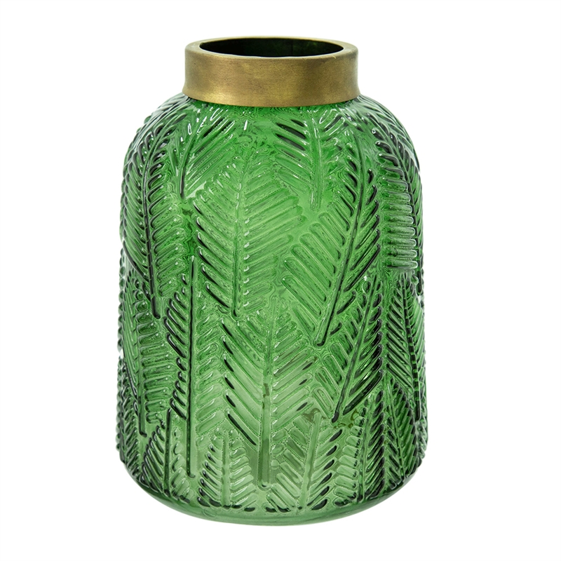 Dsy Floral Vase with Gold Rim- Embossed Fern Leaf- Green Glass 8 Inch