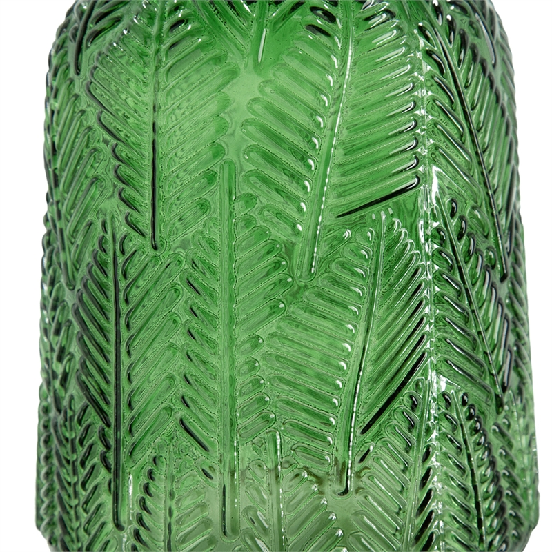 Dsy Floral Vase with Gold Rim- Embossed Fern Leaf- Green Glass 8 Inch