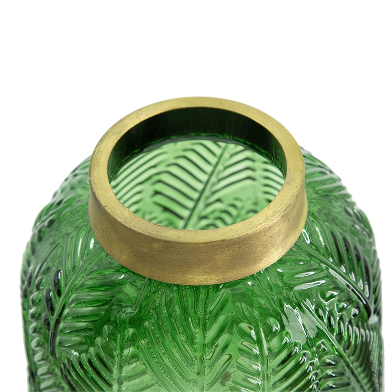 Dsy Floral Vase with Gold Rim- Embossed Fern Leaf- Green Glass 8 Inch