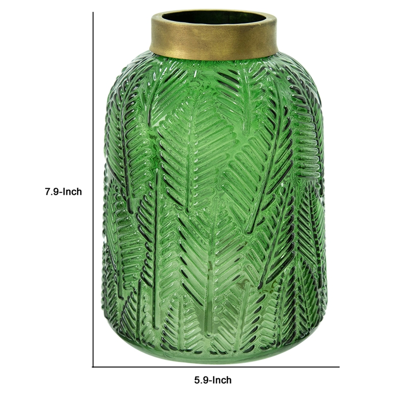 Dsy Floral Vase with Gold Rim- Embossed Fern Leaf- Green Glass 8 Inch